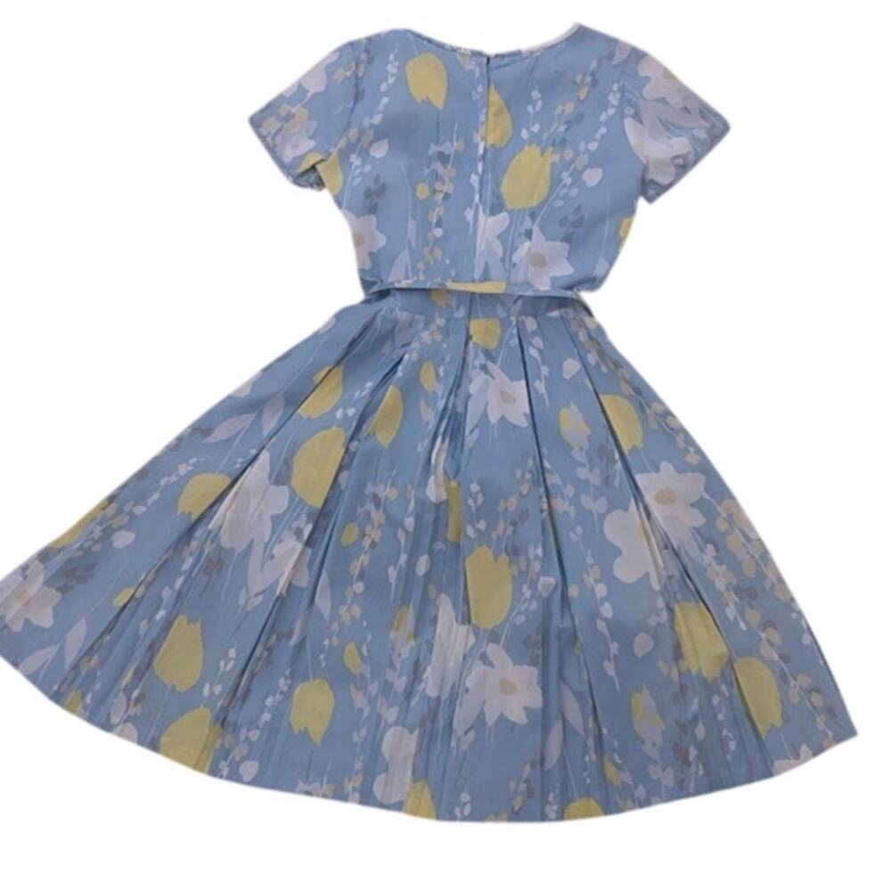 Vintage 50s Floral Pleated Day Dress Belted Cottagecore Blue Toni Todd 10 - Picture 4 of 7